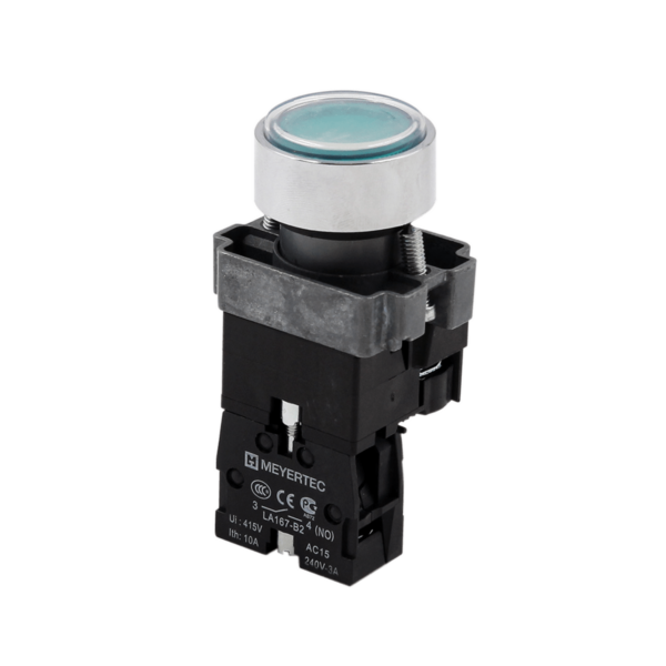 MTB2-BWF3361 - Кнопка  плоская зеленая с подсветкой, 220V AC/DC, 1NO, IP67, металл