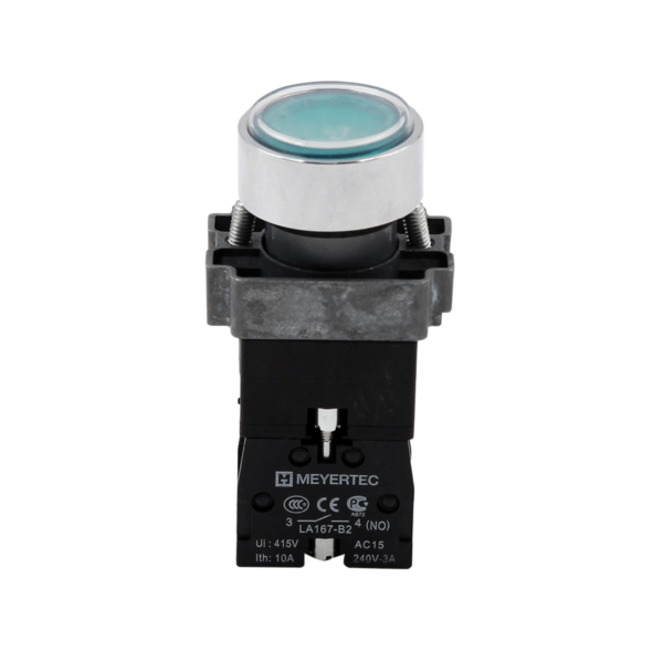 MTB2-BWF3371 - Кнопка плоская зеленая с подсветкой, 24V AC/DC, 1NO, IP67, металл