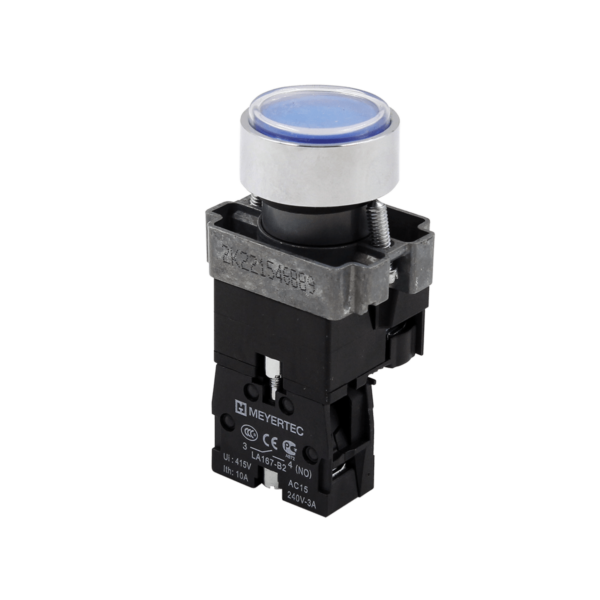MTB2-BWF3671 - Кнопка плоская синяя с подсветкой, 24V AC/DC, 1NO, IP67, металл