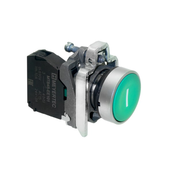 MTB4-BA31521 - Кнопка плоская зеленая, маркировка "I", 1NO, IP65, металл