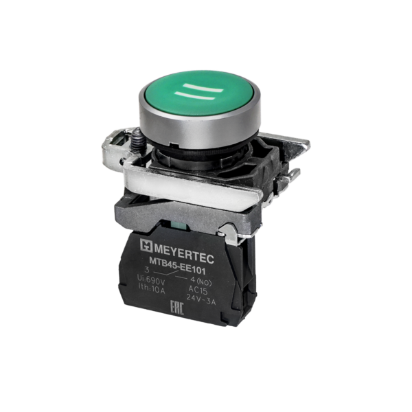 MTB4-BA31541 - Кнопка плоская зеленая, маркировка "II", 1NO, IP65, металл