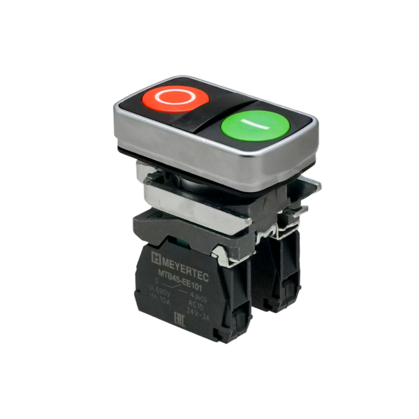 MTB4-BL8325 - Кнопка двойная плоская, красная/зеленая, маркировка "I+O", 1NO+1NC, IP65, металл