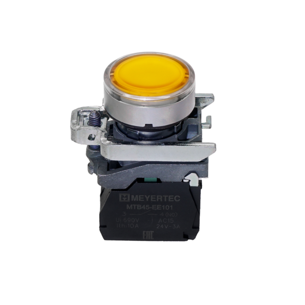 MTB4-BW35713 - Кнопка желтая с подсветкой, 1NO, 220V AC/DC, IP65, металл