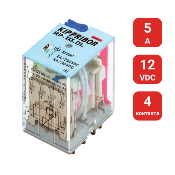 RP-402.DL - 4-конт. реле, 12VDC, ток 5А, LED-индикатор