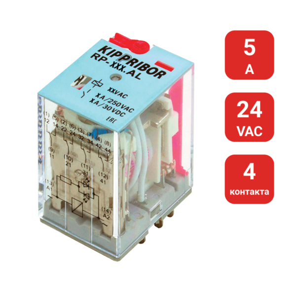 RP-403.AL - 4-конт. реле, 24VAC, ток 5А, LED-индикатор